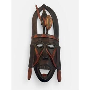 Vintage African Hand Carved Wooden Mask Statue 18.5"x8" Home Wall Decor JL